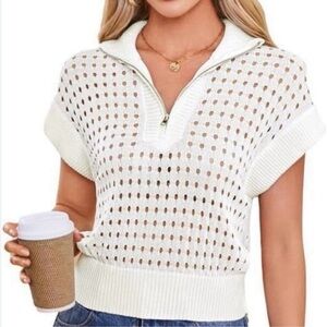 Grace Karin White Mesh Hollow Out Cap Sleeve 1/4 Zip Lightweight Sweater Size S